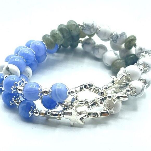 Starfish ocean beaded stretch bracelet ONE NEW blue lace agate howlite labradori - Picture 1 of 7